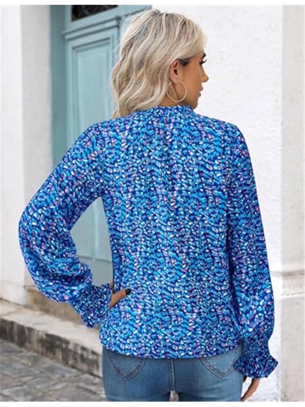 Women's V Neck Floral Long Sleeve Top Summer Casual Loose Puff Sleeve Boho - Picture 5 of 7